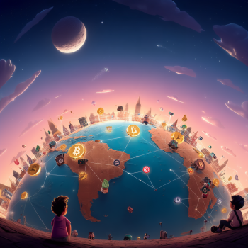 Two children gaze upwards at a stylized globe adorned with connected cryptocurrency symbols and cityscapes, all under a twilight sky with a crescent moon and distant stars.